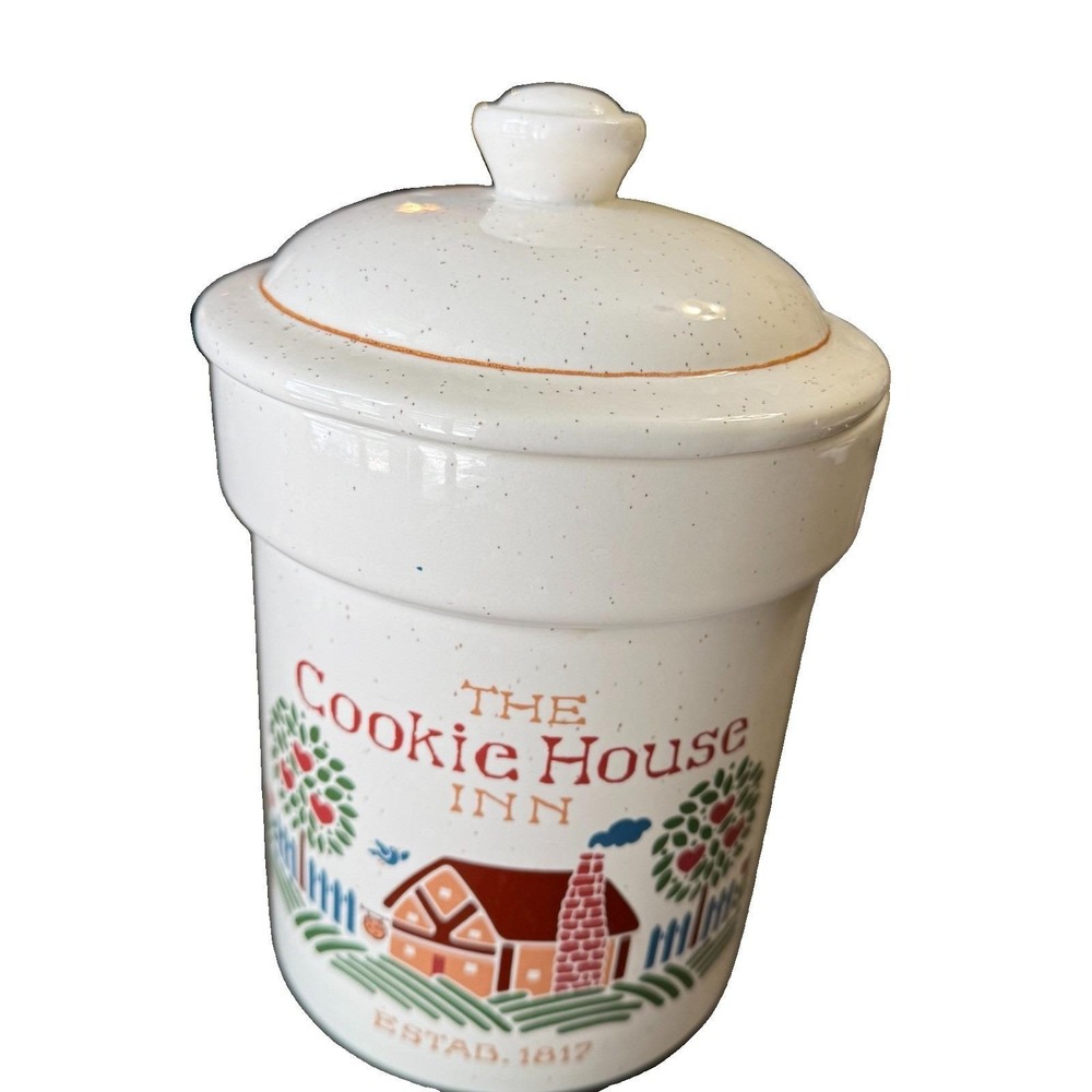 Vintage Treasure Craft Cookie House Inn Cookie Jar Canister USA Speckled Pottery